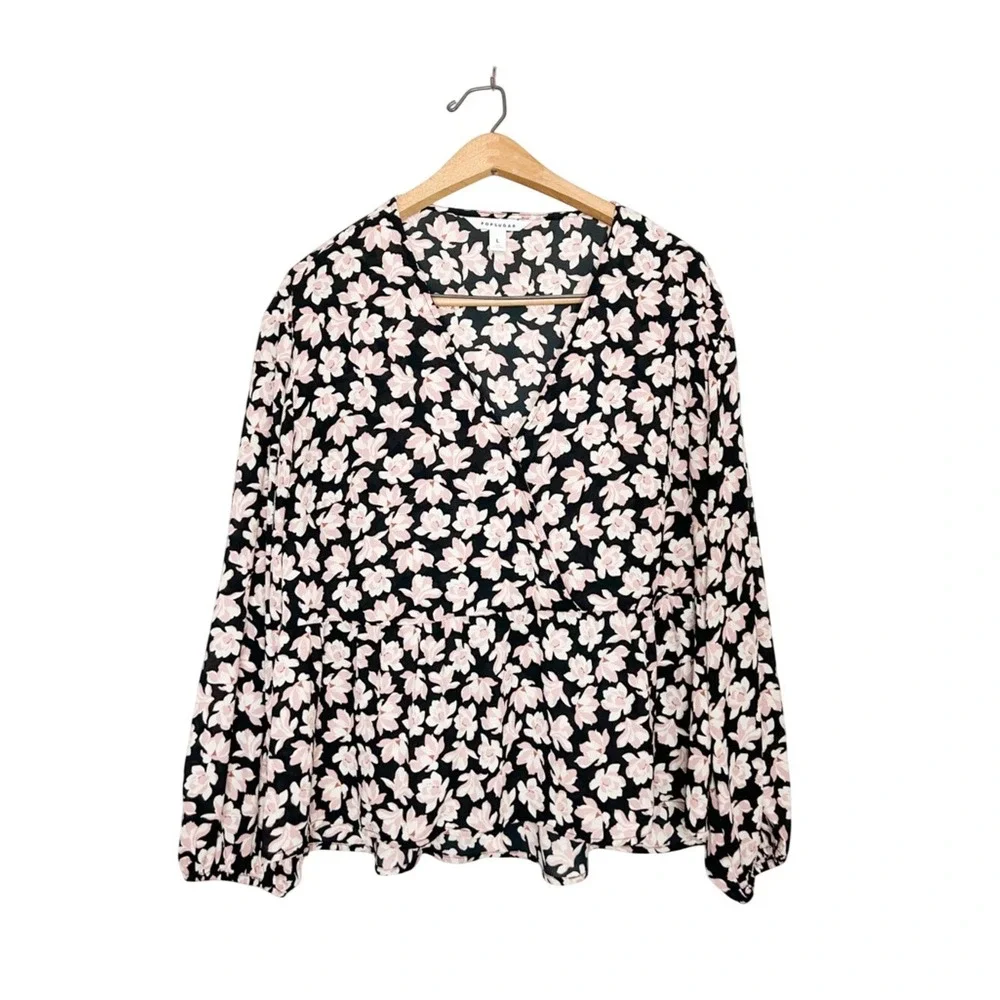 Popsugar Womens Cherry Blossom Floral Print Wrap Style Peplum Hem Blouse Large L